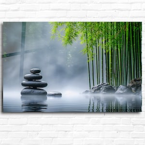 Wall Art Zen Garden - Temperd Glass Wall Art , Relaxing Bamboo and Stones Home Decor, Calming Nature Scene for Spa Decor, Bathroom Decor