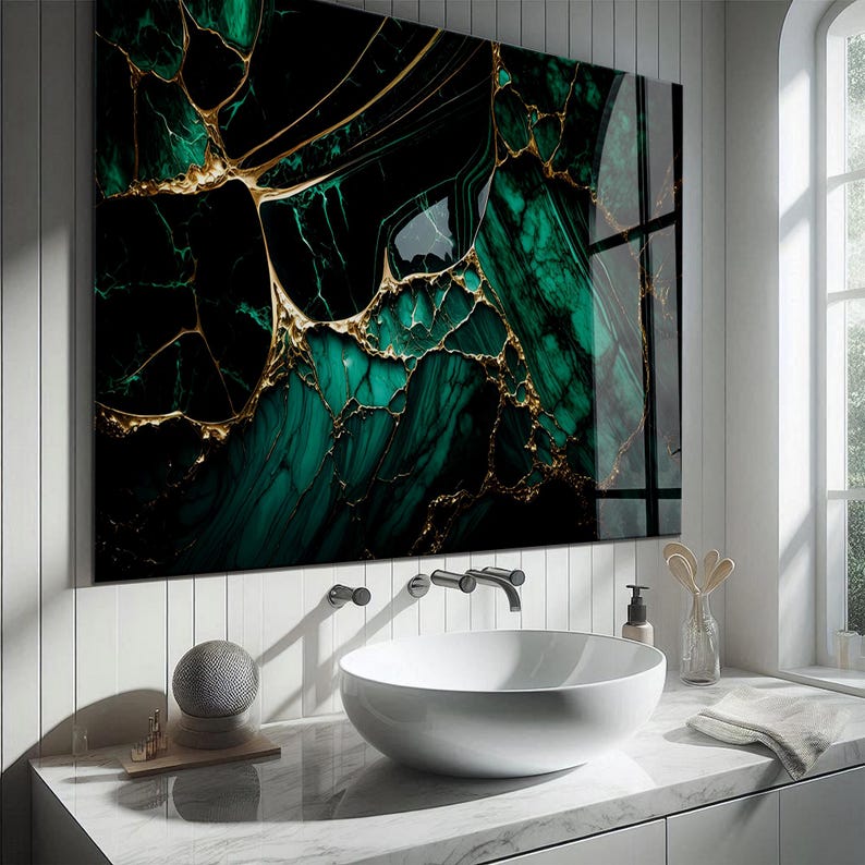 Emerald Green & Gold Tempered Glass Wall Art: Abstract Marble Design - Etsy