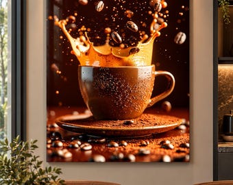 Coffee Cup Tempered Glass Wall Art, Espresso Splash Kitchen Decor, Coffee Bar Wall Art, Modern Cafe Decor