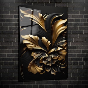 Black & Gold Flower Wall Art - Tempered Glass Panel - Elegance Floral Wall Decor - Unique Home Decor - Large Wall Art - New Home Gift
