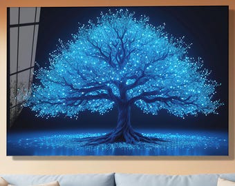 Glowing Blue Life of Tree Tempered Glass Wall Art - Modern Spiritual Home Decor