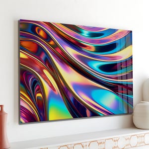 Puede incluir: Impresión artística abstracta con un diseño fluido. La obra presenta líneas y formas arremolinadas en un espectro de colores, incluyendo rojo, amarillo, azul y morado. El acabado brillante realza el impacto visual. La impresión está montada en la pared.