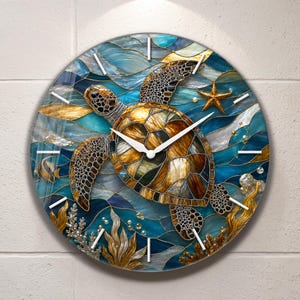 Relógio de vidro temperado com mosaico de tartaruga marinha, decoração de parede com tema costeiro e oceânico, relógio náutico para casa de praia, arte marinha em azul e dourado, relógio moderno e silencioso.