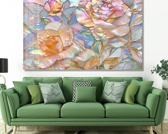 Iridescent Rose Tempered Glass Wall Art, Pearl Mosaic Floral Decor, Luxury Pink Gold Flower Artwork, Mother of Pearl Wall Art