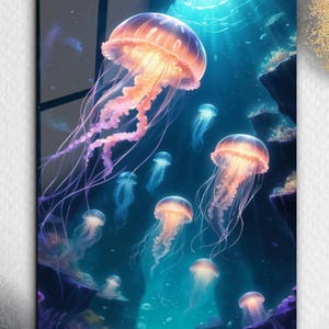Neon Jellyfish Wall Art on Tempered Glass – Ocean Life Large Wall Decor - Glowing Jellyfish Home Decor - Coastal Glass Art - nautical gifts
