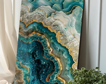 Teal Gold Crystal Wall Art, Geode Glass Art, Abstract Luxury Decor, Modern Wall Decor