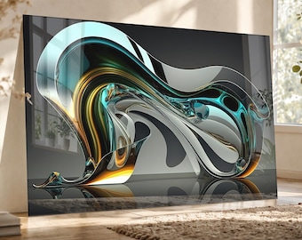 Abstract Teal & Gold Tempered Glass Wall Art: Luxry Gloss Decor - Modern Metallic Fluid Design