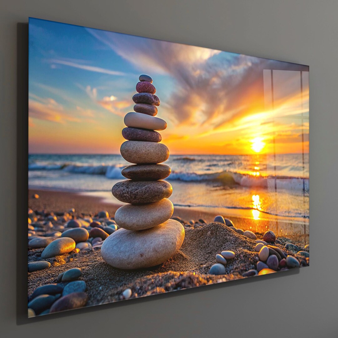 Zen Sunset Beach Tempered Glass Wall Art, Spa Stones Coastal Decor - Etsy