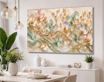 Luxury Floral Tempered Glass Wall Art – Iridescent Flowers, Sage Green & Blush Pink, Gold Botanical Artwork