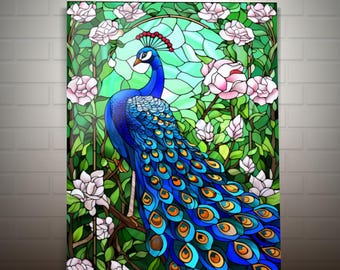 Stained Glass Peacock Tempered Glass Wall Art: Floral Home Decor