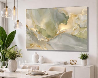 Sage Green Gold Agate Glass Wall Art, Luxury Abstract Marble Wall Decor, Neutral Modern Tempered Glass Art, Elegant Living Room Decor