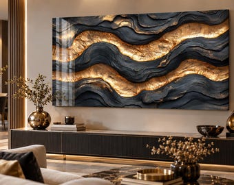 Black & Brown Burned Wood Texture Tempered Glass Wall Art – Luxury Abstract Wooden Wave Design