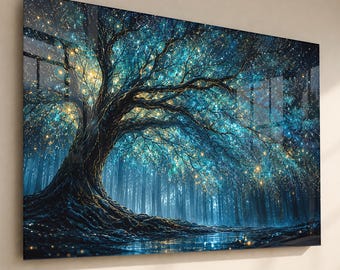 Tree of Life Glass Wall Art, Mystical Blue Gold Forest, Luxury Living Room Decor