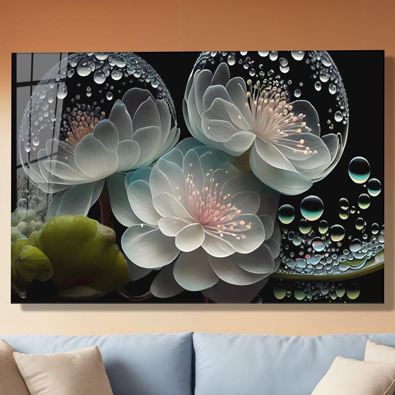 White Lotus Flower Tempered Glass Wall Art: Modern Floral Home Decor - Etsy