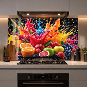 Può includere: Un pannello paraschizzi per cucina caratterizzato da una vibrante esplosione di schizzi di liquido colorato dietro una varietà di frutta fresca, tra cui arance, ciliegie, fragole, mirtilli e una mela verde, su uno sfondo scuro.