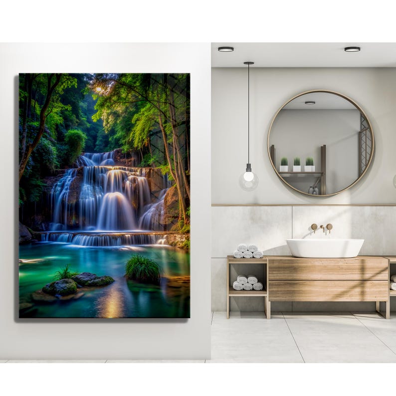 Tempered Glass Waterfall Wall Art: Modern Panoramic Landscape image 6