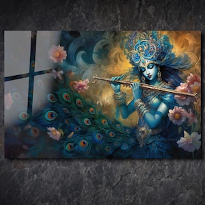 Arte de parede de Krishna, decoração de parede hindu, arte de parede em vidro temperado, impressão em vidro, Radha Krishna - arte de parede em vidro grande, arte de parede em vidro, decoração de deus hindu
