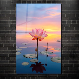Pink Lotus Sunset Tempered Glass Wall Art-Large Wall Art-Meditation Room Art-Zen Decor-Spa Wall Art-Home Decor-Wall Hangings-Yoga Gifts