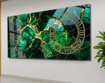 Smaragdgroene en gouden marmeren wandklok van gehard glas