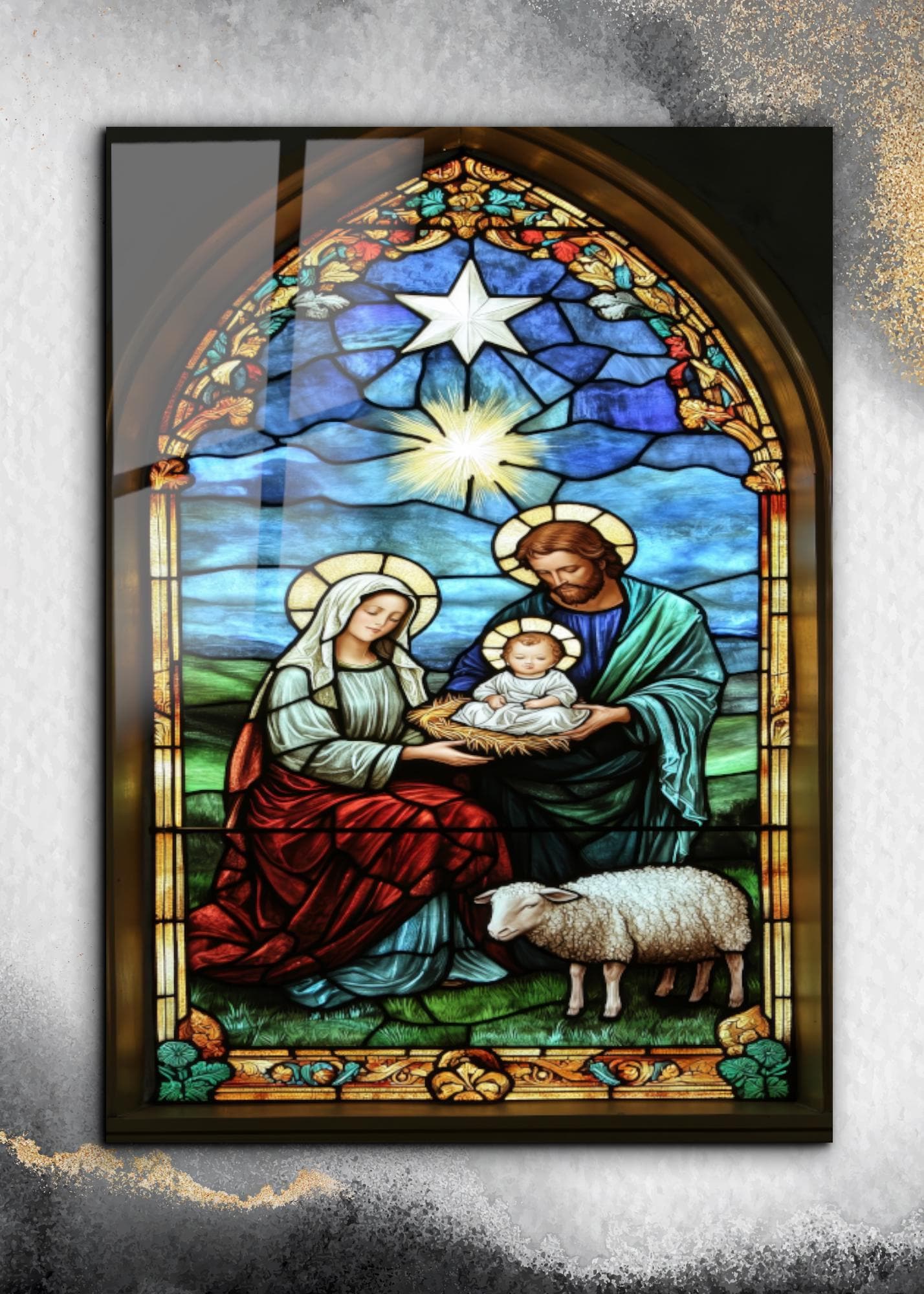 強化ガラス製クリスマス降誕壁アート：聖家族、キリスト教のクリスマス