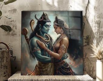 Shiva Parvati Tempered Glass Wall Art: Hindu Home Decor