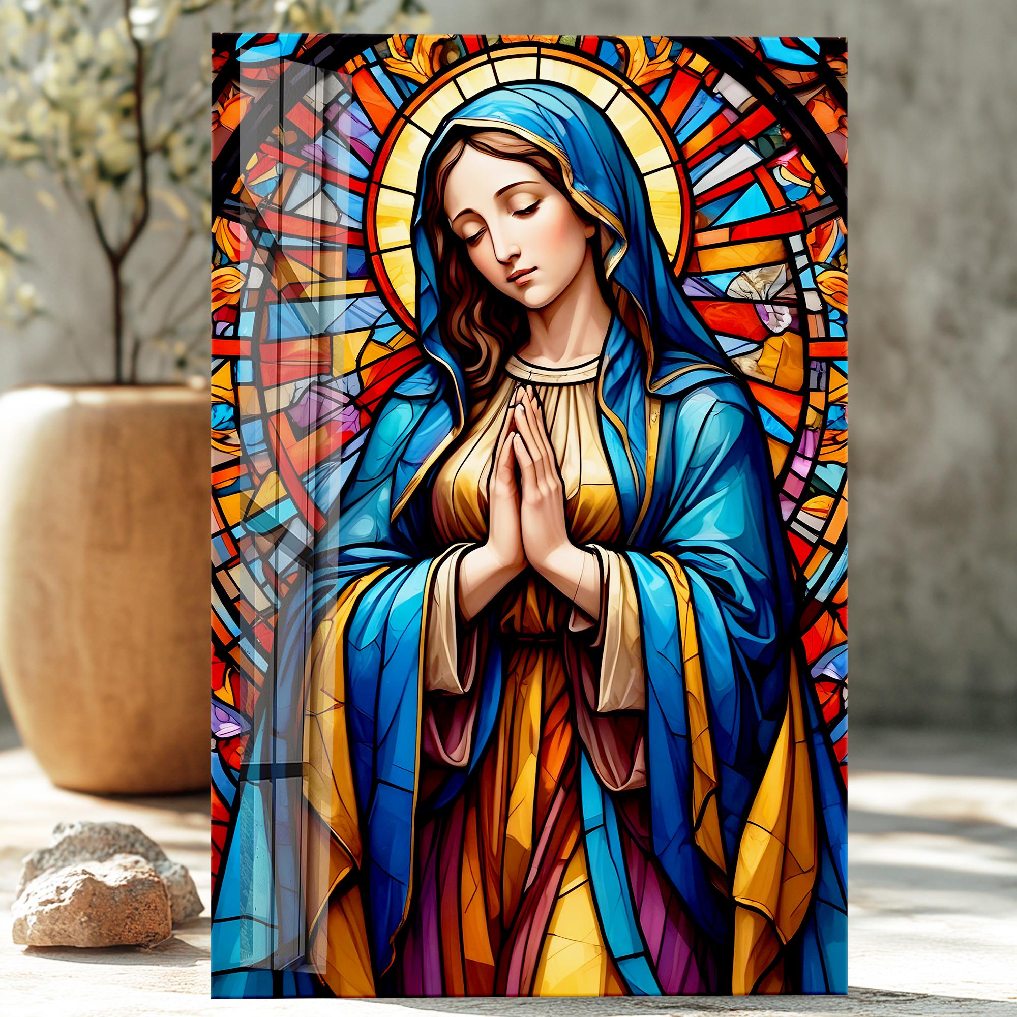 Tempered Glass Virgin Mary Wall Art: Stained Glass Style Religious ...