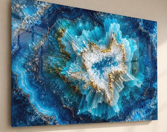 Blue Crystal Geode Tempered Glass Wall Art – Luxury Abstract Marble Wall Decor
