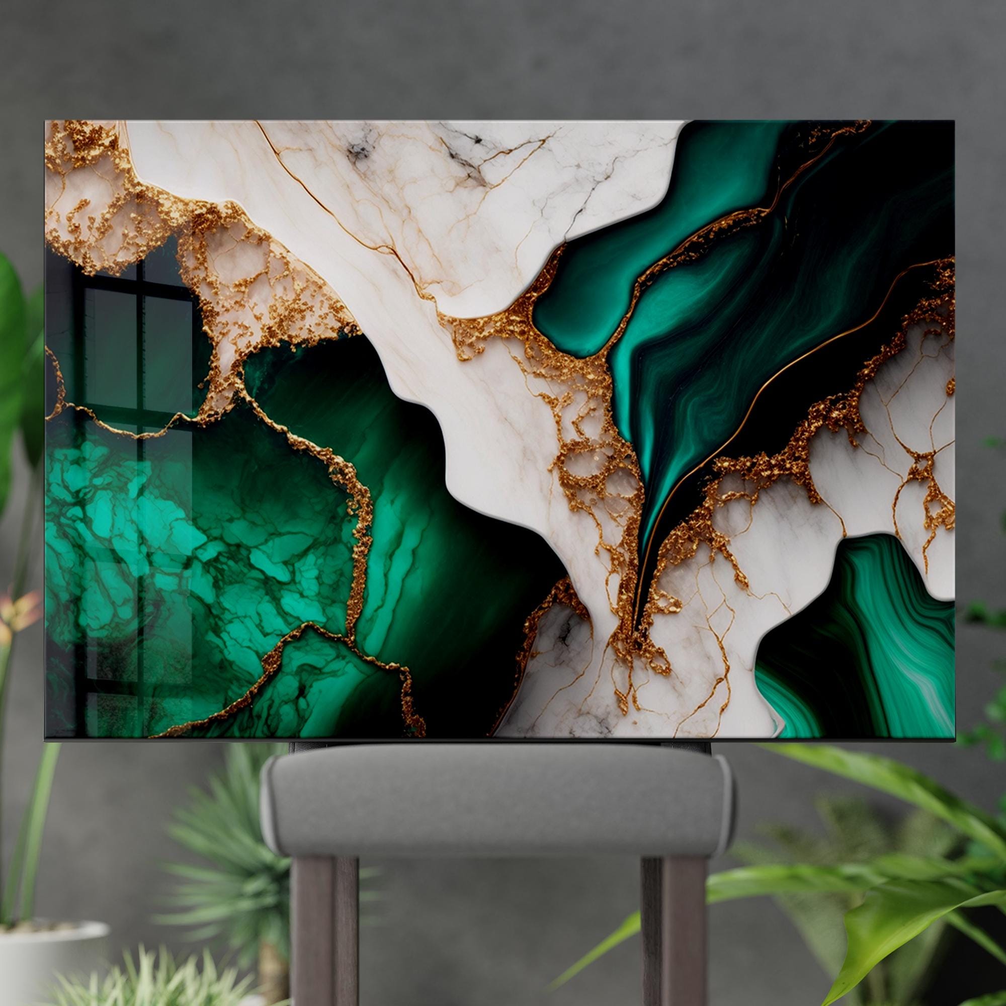 Emerald Green & Gold Marble Tempered Glass Wall Art – Modern Abstract ...