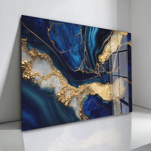 Navy Blue and Gold Marble Tempered Glass Wall Art: Modern Home Decor