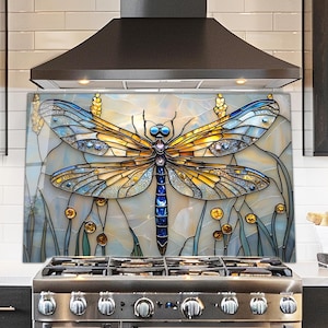 Blue & Gold Dragonfly Tempered Glass Wall Art: Decorative Glass Backsplash Panel