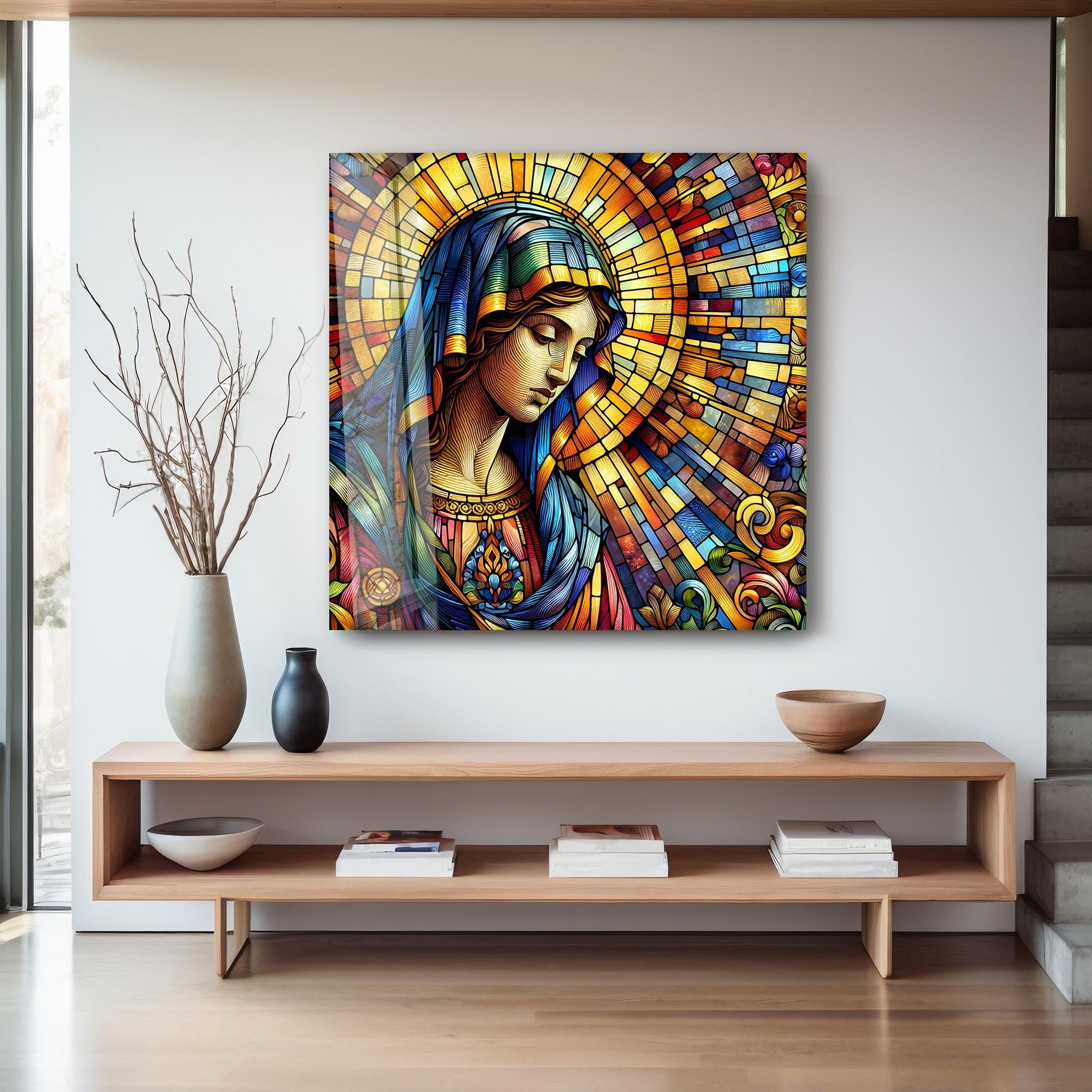 Tempered Glass Virgin Mary Wall Art: Stained Glass Style Religious ...