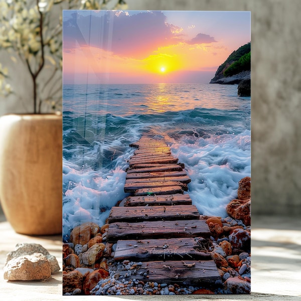 Sunset Beach Tempered Glass Wall Art: Coastal Home Decor