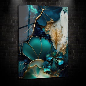 Turquoise Gold Abstract Floral-Tempered Glass Wall Art Blue Flower Abstract Wall Art - Glass Wall Art -Home Decor- Wall hangings-Home Gift