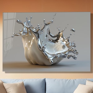 Arte mural abstracto de vidrio templado con toques plateados de champán: decoración de pared metálica moderna y neutra