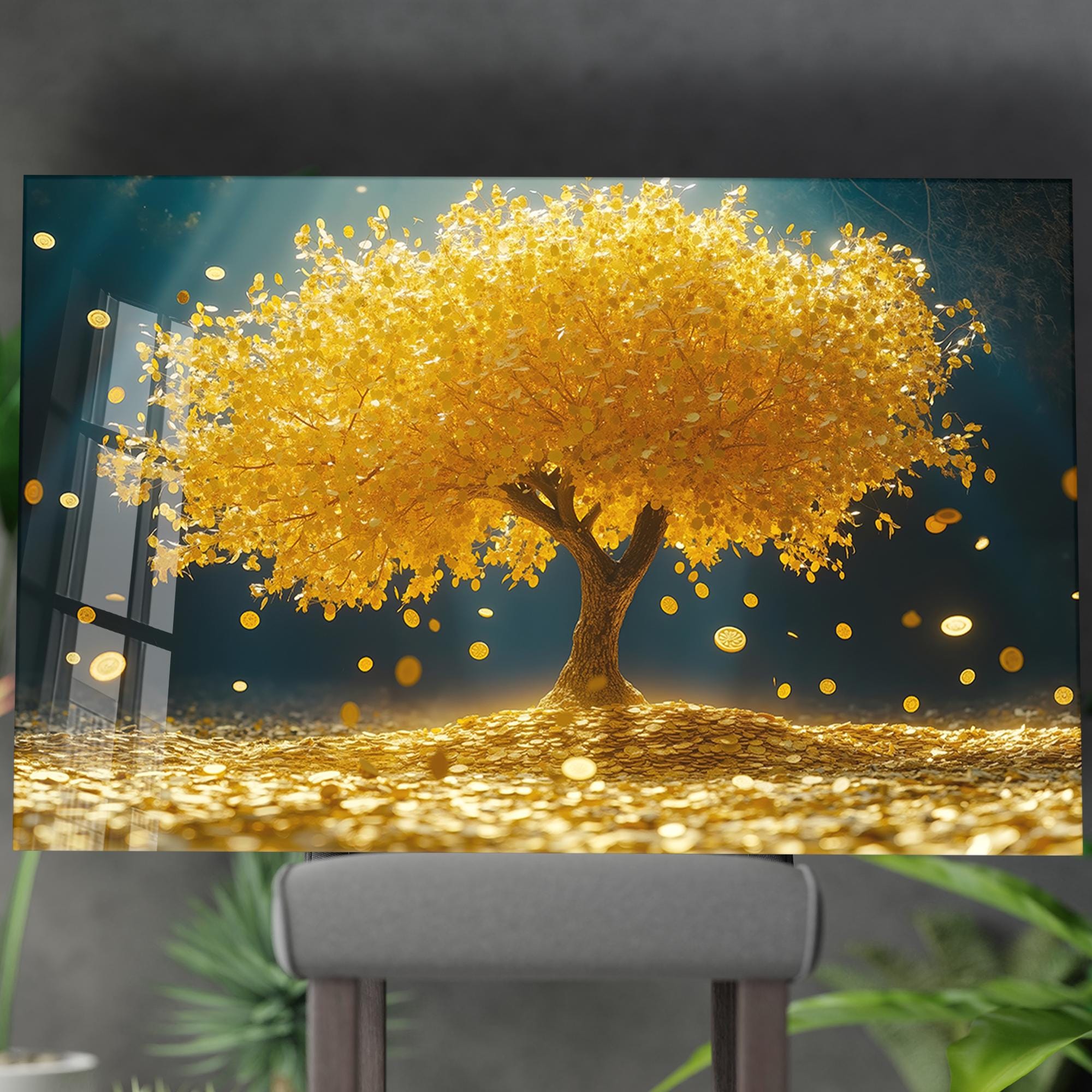 新品 金のなる木　GOLD TREE Golden Money Tree Feng Shui Tempered Glass Wall Art - Abundance