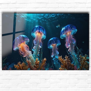 Neon Jellyfish Wall Art on Tempered Glass – Ocean Life Large Wall Decor - Glowing Jellyfish Home Decor - Coastal Glass Art - nautical gifts