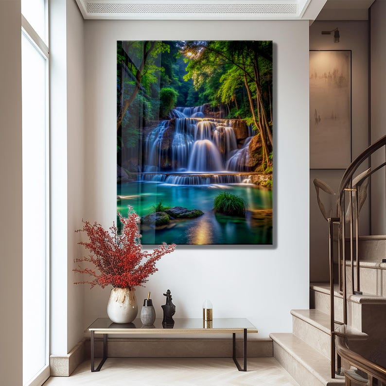 Tempered Glass Waterfall Wall Art: Modern Panoramic Landscape image 9