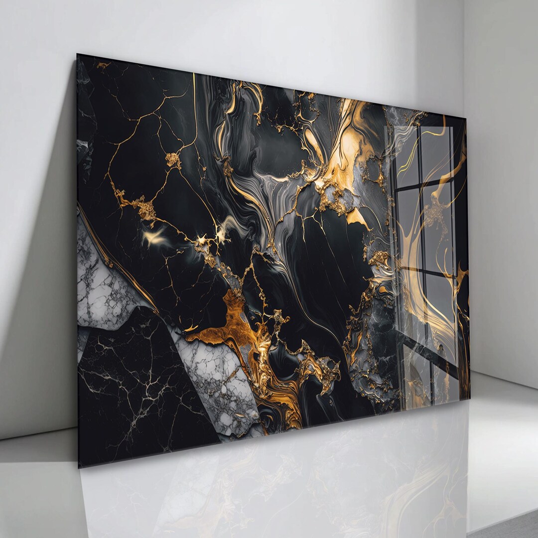 Black and Gold Marble Tempered Glass Wall Art: Abstract Luxury Decor - Etsy