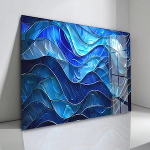 Cuadro abstracto de olas azules en vidrio templado para pared: decoración moderna inspirada en el océano, diseño fluido de lujo, acento contemporáneo para el hogar.