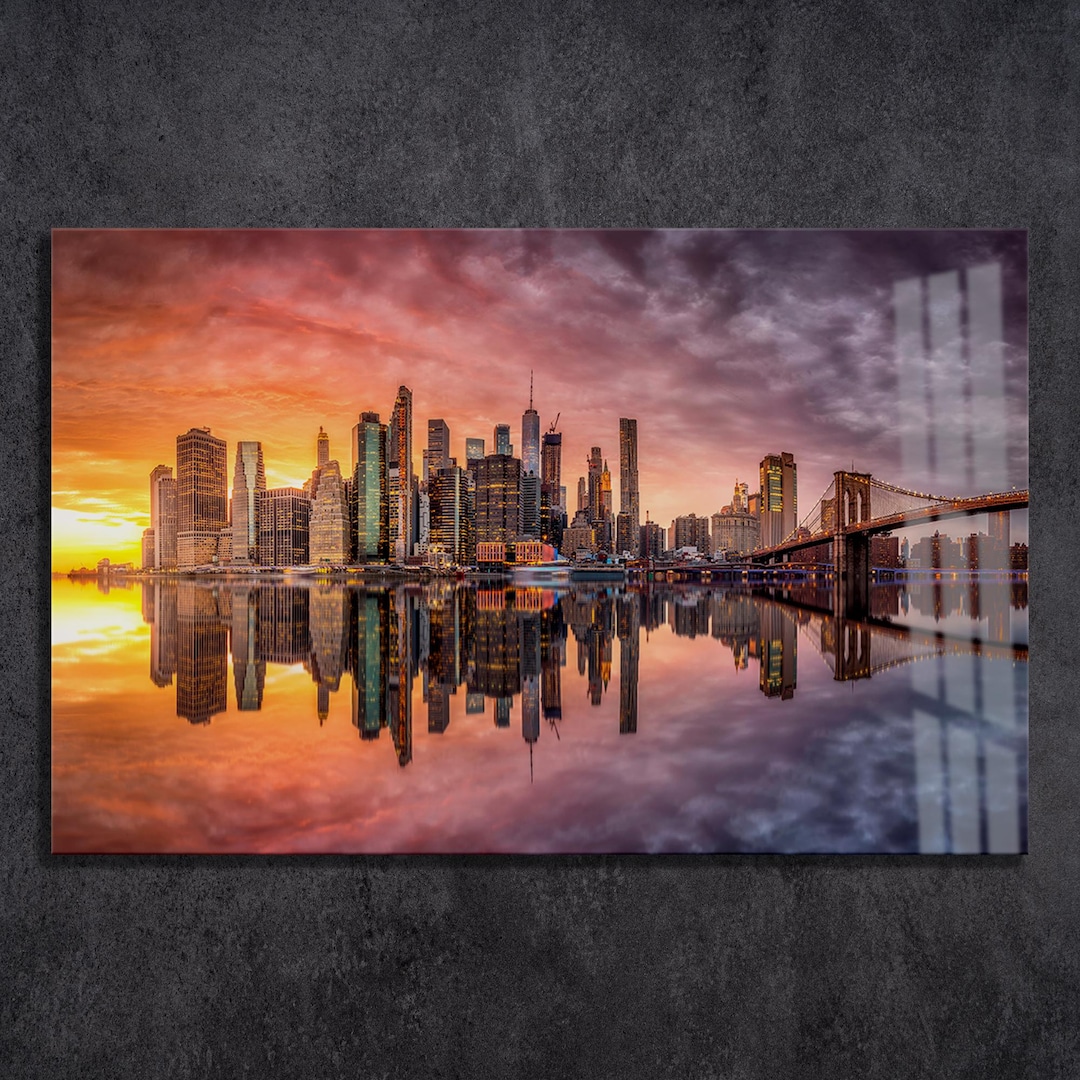 Sunset Manhattan Tempered Glass Wall Art: NYC Skyline & Brooklyn Bridge ...