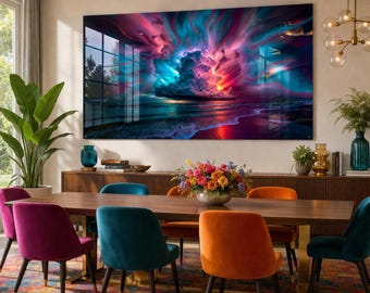 Aurora Ocean Tempered Glass Wall Art, Colorful Storm Sky, Modern Abstract Seascape, Large Wall Decor, Extra Large Glass Art