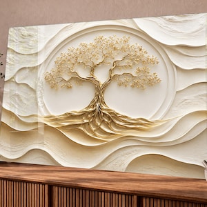 May include: A rectangular wall art piece featuring a central golden tree with intricate branches and roots. The background consists of layered, cream-coloured, wavy textures arranged in a circular pattern, creating a three-dimensional effect.