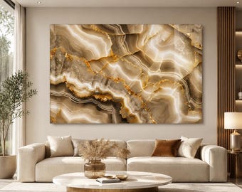 Luxury Marble Glass Wall Art, Neutral Agate Decor, Beige Gold Abstract Tempered Glass Statement Artwork