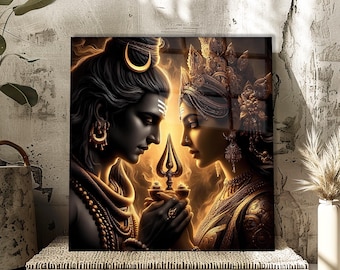 Lord Shiva Parvati Tempered Glass Wall Art: Hindu Spiritual Decor
