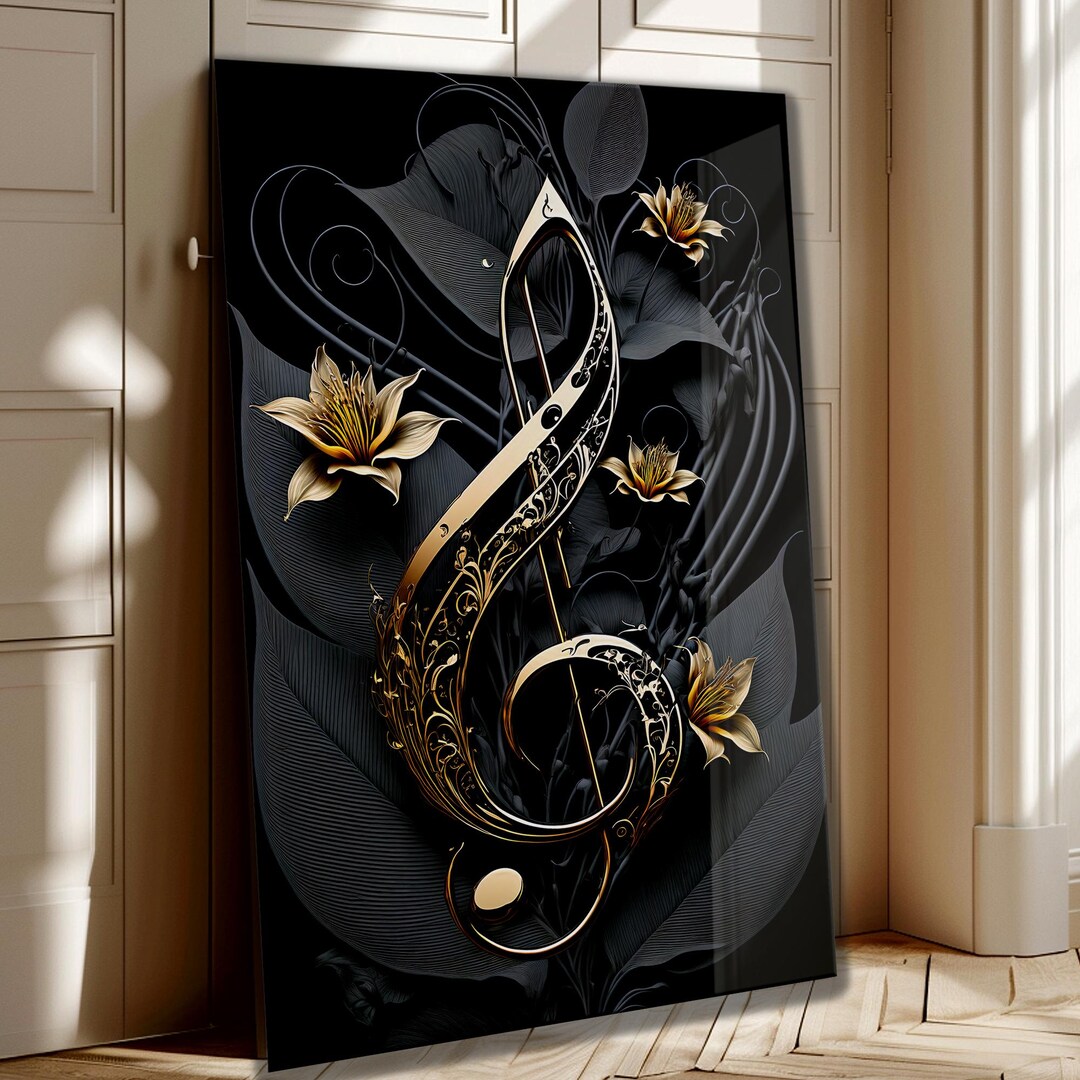 Golden Music Notes Tempered Glass Wall Art - Modern Music Room Decor - Etsy