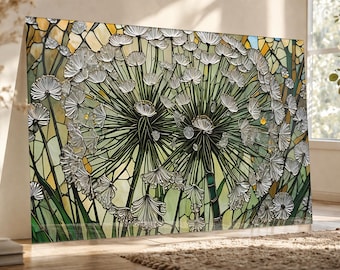 Cuadro de vidrio templado con diseño de diente de león: decoración para el hogar estilo vidriera.