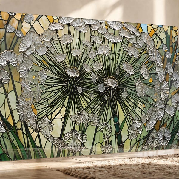 Decorazione murale in vetro temperato con dente di leone: vetrata artistica per la casa.