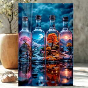 以下が含まれることがあります： 4つのボトルが特徴の装飾ガラスパネル。それぞれがユニークな風景シーンを展示しています。シーンには、ピンクの桜の木、月明かりの山脈、秋の木、山々の夕日が含まれます。ボトルは水面に反射しています。