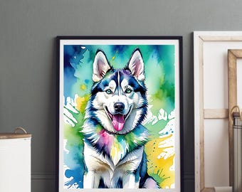 ハスキー犬の浮世絵風肖像画（日本産ハスキー犬）｜動物肖像画プリント