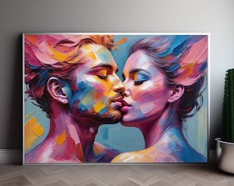Vibrant Love Kiss Digital Painting , Romantic Colorful Couple Art Print, Digital download 1 image